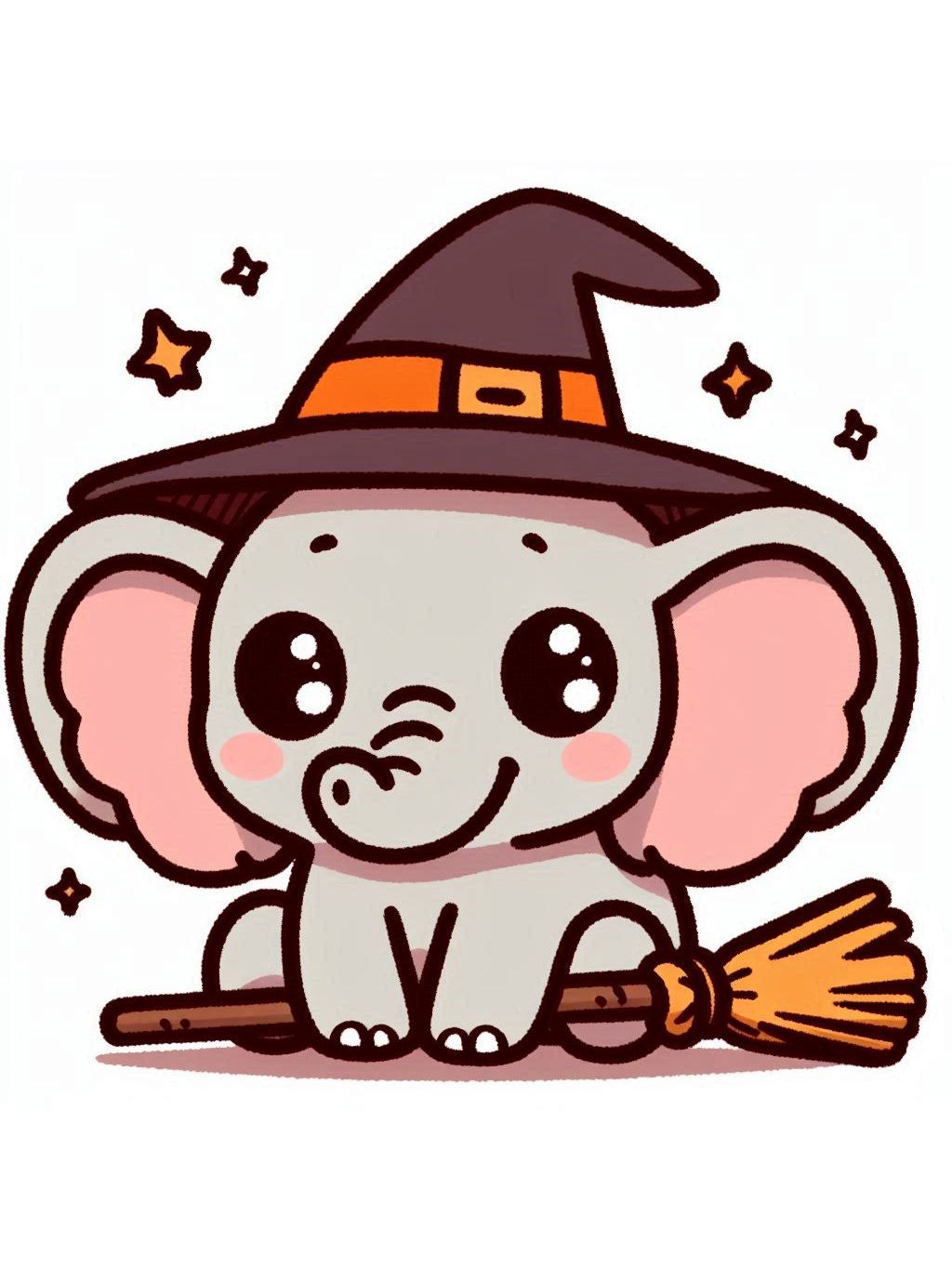 halloween cute animals drawings witchy elephant wearing a hat and sitting on a broom.